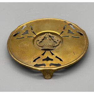 Vintage Brass Trivet Round Cutout Design with Fruit Basket Motif Decorative